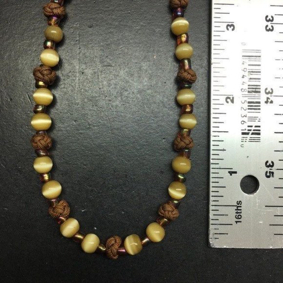 Brown Beige Moonstone Necklace Knotted Cord Seed Bead Gold Retro Boho - Picture 5 of 6